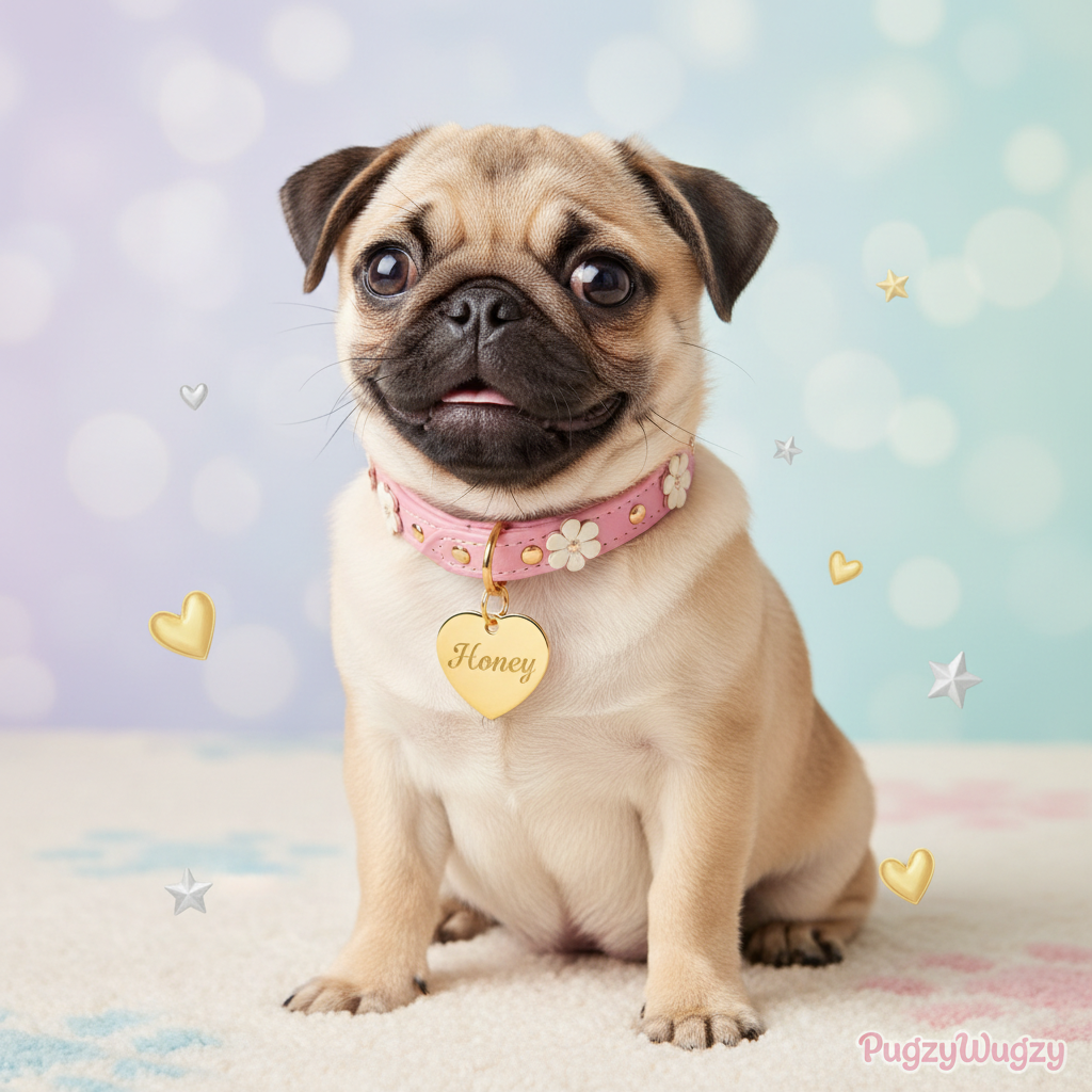 Fawn Pug wearing Honey name tag