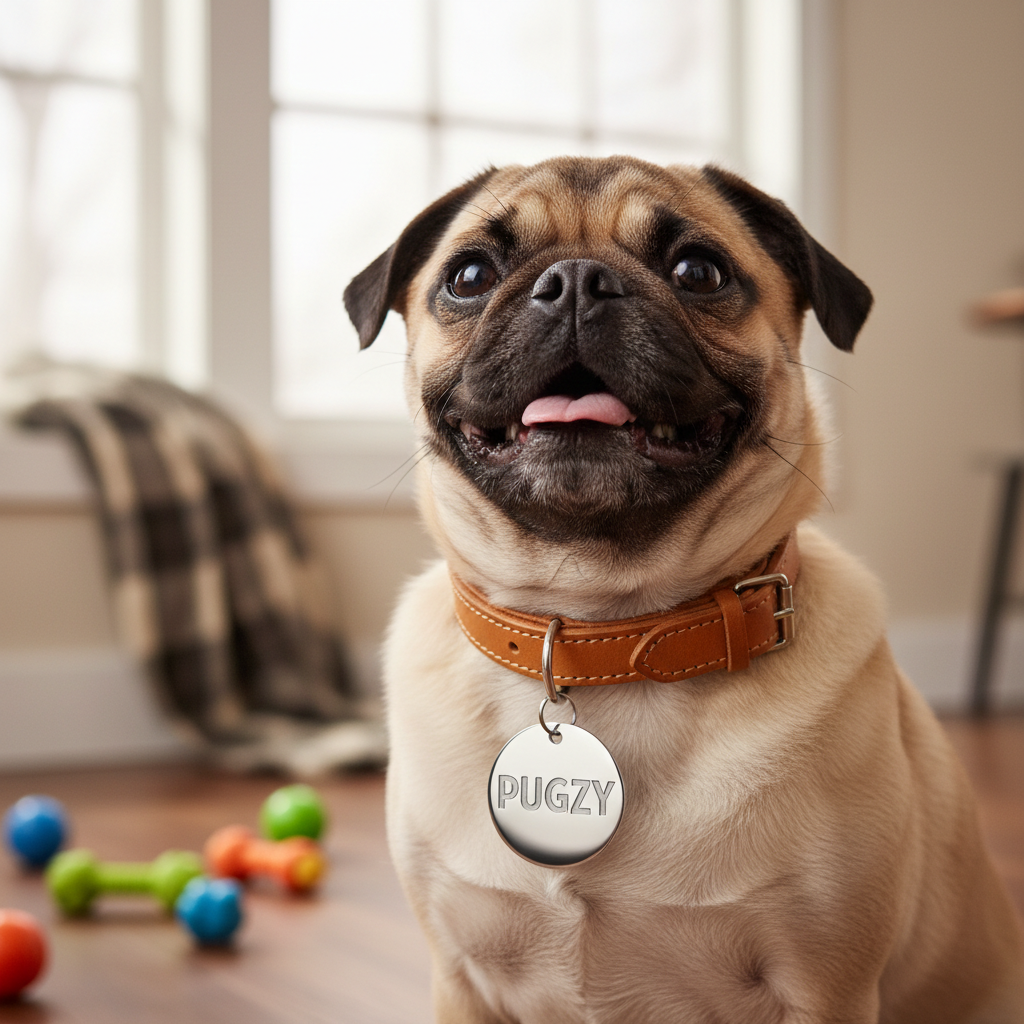 Pug wearing personalized ID tag